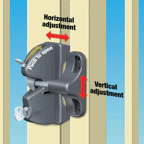 LokkLatch Keyed Gate Latch With Adjustable Fit For Wood Metal And Vinyl Gates showing horizontal and vertical adjustment