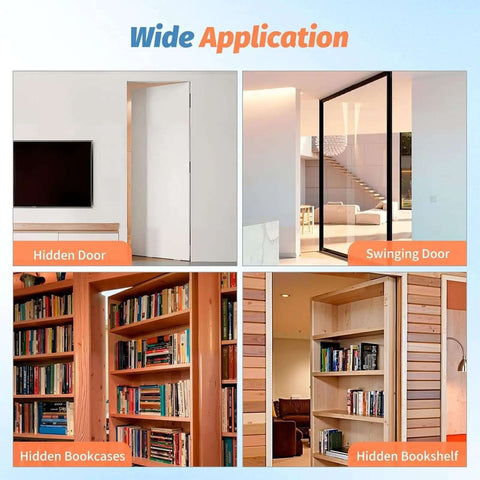 Concealed Pivot Hinge For Secret Doors And Bookcases, 570 Lb Load Capacity, 360 Degree Silent Rotation, showing wide application in hidden doors and bookcases.