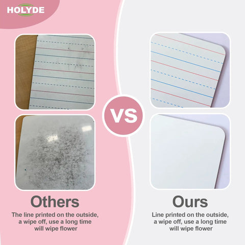 Comparison of 32 Pack Double Sided Mini Whiteboards with lined and blank surfaces for classroom use.