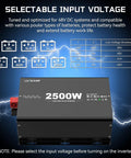 48V 2500W Pure Sine Wave Inverter For Off Grid Power 110V AC Output 5000W Peak shown with voltage options and instructions