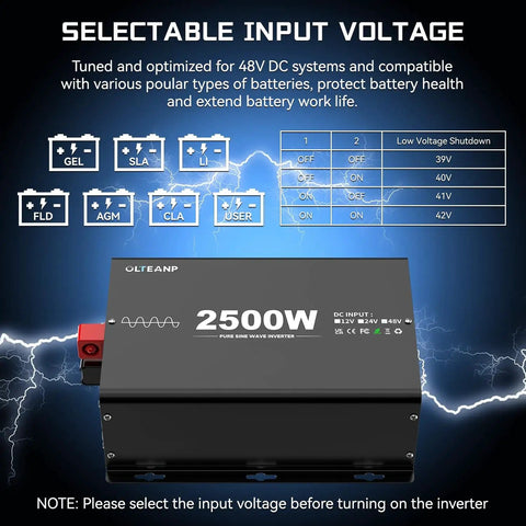 48V 2500W Pure Sine Wave Inverter For Off Grid Power 110V AC Output 5000W Peak shown with voltage options and instructions