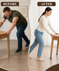 Before and after showing self adhesive furniture sliders for carpet and hardwood floors under a table for easier sliding.