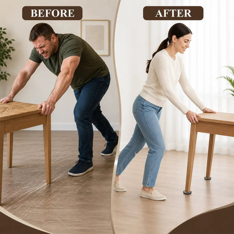 Before and after showing self adhesive furniture sliders for carpet and hardwood floors under a table for easier sliding.