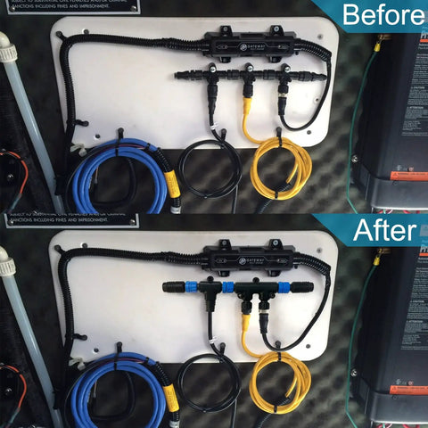 Before and after installation of NMEA 2000 Marine Starter Kit Pro Grade Universal Cable System with Backbone Cables.