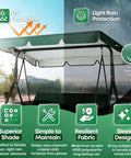 All Weather Patio Swing Canopy Replacement Cover For Outdoor Garden Yard Porch Two Seat Swing UV Waterproof 420D Oxford Cloth Green 65x45 Inches Heavy Duty Rain Snow Sun Protection Shade Built To Last showing lightweight structure with UV and rain icons.