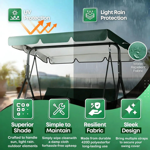 All Weather Patio Swing Canopy Replacement Cover For Outdoor Garden Yard Porch Two Seat Swing UV Waterproof 420D Oxford Cloth Green 65x45 Inches Heavy Duty Rain Snow Sun Protection Shade Built To Last showing lightweight structure with UV and rain icons.