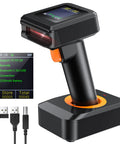 Wireless 1D And 2D QR Barcode Scanner with display screen, battery level indicator, charging cradle, USB cable, and dongle.