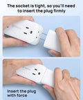 Hands inserting plug into Compact 360 Rotating Flat Plug Power Strip With 5 Foot Cord, Four Widely Spaced Outlets, Heavy Duty Surge Guard, Wall Mountable Slim Body That Crushes Wire Clutter, Perfect For Tight Squeezes And Dorm Digs, Matte White.