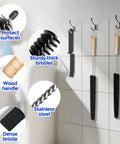 Three Piece Dryer Vent Cleaner Kit With 304 Stainless Steel Bristles, lint brushes, and flexible crevice tool hanging on hooks.