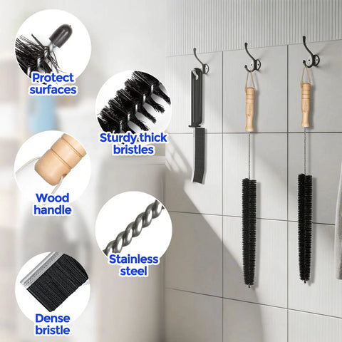 Three Piece Dryer Vent Cleaner Kit With 304 Stainless Steel Bristles, lint brushes, and flexible crevice tool hanging on hooks.