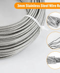 Heavy Duty 98 Ft Nylon Coated Stainless Steel Aircraft Cable Wire Rope Kit with close-up view of steel strands and PVC coating