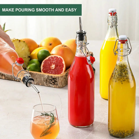 Eight Pack Of 33 Oz Swing Top Glass Bottles With Secure Caps And Lead Free Design Top For Brewing Kombucha And Syrups Includes Funnels Pourers Spare Rings And Waterproof Stickers So You Can Store Your Batch Straight Up No Drama And Keep Your Space