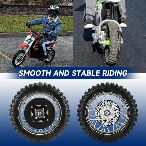 Rear Wheel Assembly For Razor MX500 MX650 SX500 Mini Dirt Rocket Bike With 2.50 By 10 Tires And Tube, shown installed on bike