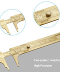Brass Pocket Vernier Caliper Ruler showing dual mm and inch scales, 100mm measuring tool for precise DIY projects, portable and durable.