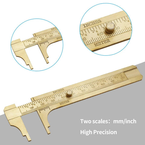 Brass Pocket Vernier Caliper Ruler showing dual mm and inch scales, 100mm measuring tool for precise DIY projects, portable and durable.