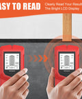 Kavolet Stud Finder Wall Scanner displaying readings with a bright LCD, held in hand over wall surface for detection.