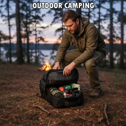 Man organizing Rugged Military Tactical Backpack For Men With MOLLE Webbing, Water Bottle Holder, by campfire in forest setting.