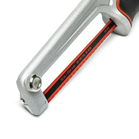 Close-up of Ten Inch High Tension Compact Hacksaw With Dual Material Handle For Easy Grip And Flush Cuts DIY Friendly In Handle Twist Tensioning
