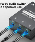 Two Channel 3.5mm Stereo Audio Mixer With Dual Volume Knobs Aluminum Shell 2 In 1 Out shown with connected cables
