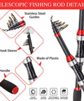 Close-up of Black And Red Telescopic Fishing Rod And Reel Combo Five Point Nine Feet Fiberglass Pole with labeled details