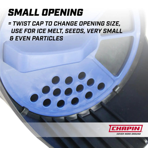 Close-up of small opening on 64 Ounce Black Poly Hand Shaker Spreader For Turf Fertilizer Grass Seed Salt And Sand
