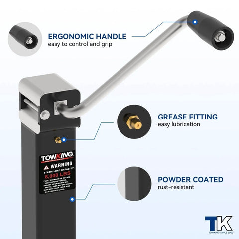 8000 Lbs Square Trailer Jack With 15 Inch Lift And 12 Inch Adjustable Drop Leg Heavy Duty Weld On Mount close-up of handle and features