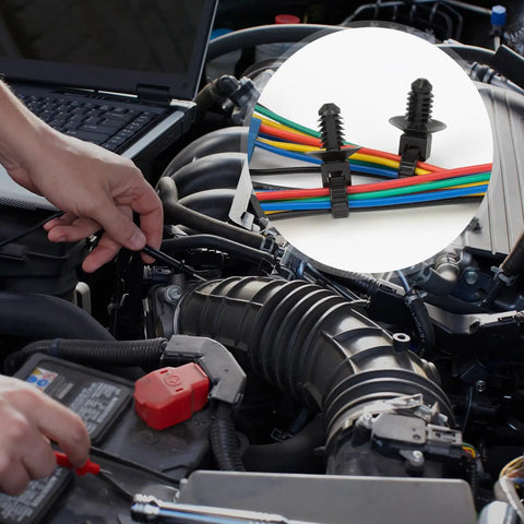Mechanic using 110 Piece Automotive Cable Zip Ties Kit With 5 Sizes Nylon Self Locking Ties for engine wiring