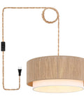 Plug In Pendant Light 18 Inch Rattan Chandelier With Handwoven Hemp Rope And White Fabric Shade Featuring Extra Long Power Cord, close-up view.