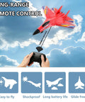 SU27 RC Plane For Adults And Kids, red fighter jet flying with remote, EPP foam, LED lights, easy maneuvering, sky backdrop.