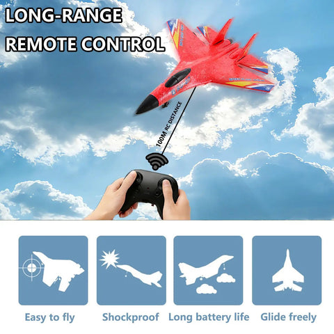 SU27 RC Plane For Adults And Kids, red fighter jet flying with remote, EPP foam, LED lights, easy maneuvering, sky backdrop.