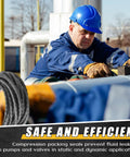 Compression packing for pumps being installed by a worker in a blue hard hat
