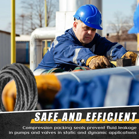 Compression packing for pumps being installed by a worker in a blue hard hat