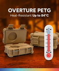 Overture PETG storage cases with thermometer showing heat resistance up to 84°C in industrial background