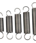 Top Tier Five Pack Dual Hook Extension Springs Solid Stainless Steel Tension Coils side view, showcasing size variation and dual hooks.