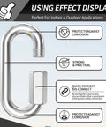Close-up of stainless steel quick link with annotations, part of Fifteen Pack Heavy Duty Chain Hooks And Quick Links In 304 Stainless Steel One Eighth Inch Locking Carabiners Rust Free For Towing Swing Sets Shade Sails Bird Toys With A 175 Pound Capacity.