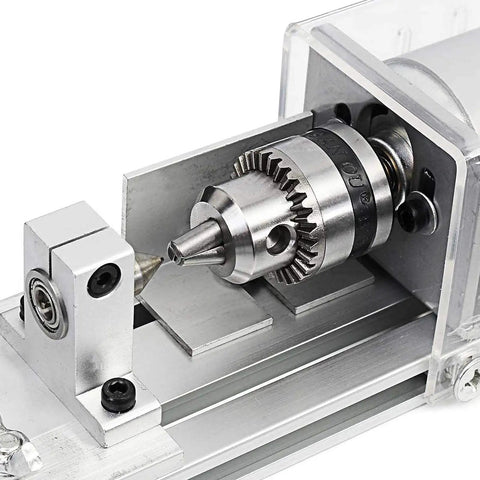 Close-up of No Sweat Compact Miniature Lathe And Bead Polishing Machine With Powerful 100W Motor for wood carving and milling.