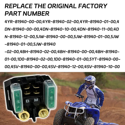 Rock Solid And Built Tough Heavy Duty 30A Starter Solenoid Relay with part numbers for Yamaha ATV compatibility.