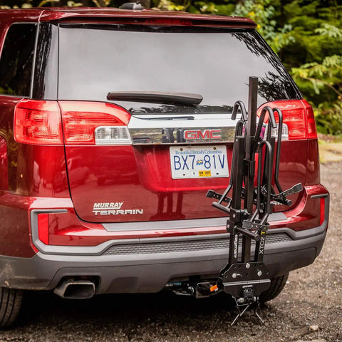 XTC2 Tilt Hitch Mount Bike Rack For Two Bikes With Platform Carrier on SUV, folded position, sturdy lightweight design