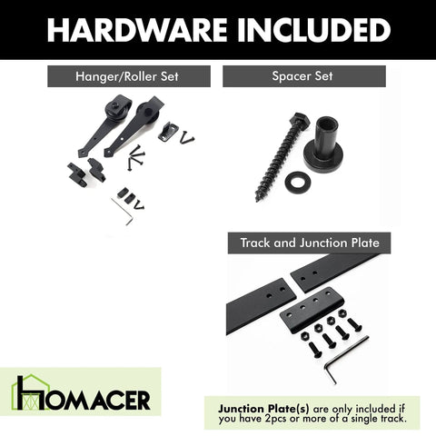 Contents of Mini Black Rustic Sliding Barn Door Hardware Kit For Two Doors with flat track and arrow rollers.