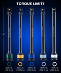 Torque Extension Set Five Piece 1/2 Inch Drive With Color Coded Laser Etched Torque Sticks 65 To 140 Foot Pounds