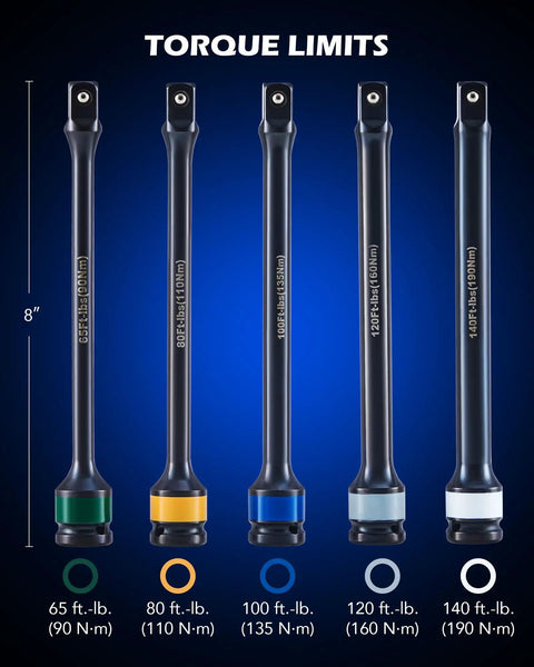 Torque Extension Set Five Piece 1/2 Inch Drive With Color Coded Laser Etched Torque Sticks 65 To 140 Foot Pounds