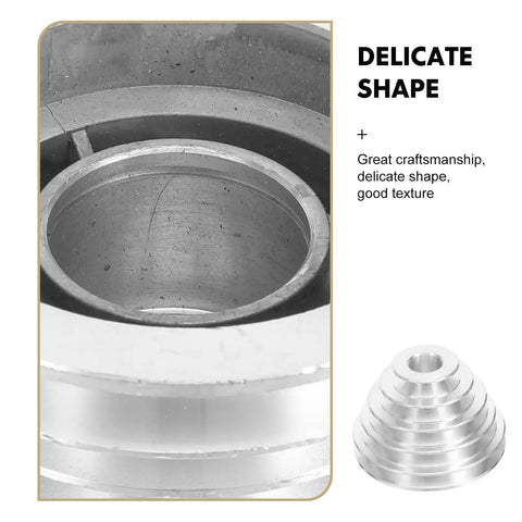 Close-up of Rock Solid Five Step Drill Press Pulley Wheel with precision machined bore shaft and delicate aluminum design.
