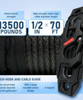 13,500 Pound Recovery Winch With 1/2 Inch Synthetic Rope For SUVs Trucks Jeeps And Off Road Recovery Heavy Duty 12V Electric Winch With High Torque Motor Dark Gray Built For Tough Trails Mud And Snow Recovery, winch hook guide