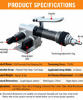 Heavy Duty Handheld Pneumatic Strapping Machine For 19 To 50 Mm Steel Bands with detailed product specifications and components labelled.