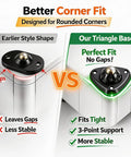 Comparison of corner fit with Black Stainless Steel Self Adhesive Caster Wheels 12 Pack No Drill Needed 45 Lbs Per Wheel 360 Degree Swivel Mini Rollers For Kitchen Appliances Trash Cans And Small Furniture showing gap and no-gap solutions on rounded corners.