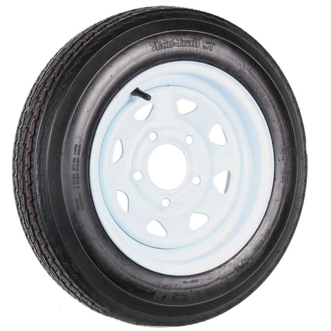 Front view of Two Pack Trailer Tire Rim Combo 4.80-12 480-12 5 Lug On 4.5 Inch Center White Spoke Wheel Built For Durability With A Two Year Warranty And Roadside Assistance