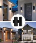 Collage of 4 Pack Outdoor Wall Lights For Porch And Patio, Waterproof Black Aluminum Sconce Fixtures with Up and Down Lighting on house exteriors