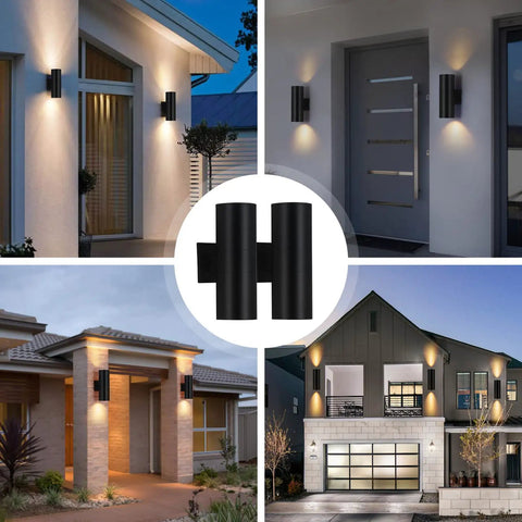 Collage of 4 Pack Outdoor Wall Lights For Porch And Patio, Waterproof Black Aluminum Sconce Fixtures with Up and Down Lighting on house exteriors
