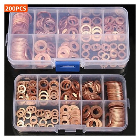 Copper Washer Gasket Nut And Bolt Set For Sump Plugs, Flat Ring Seal Assortment, 200 Piece Set Without Box displayed in organizer