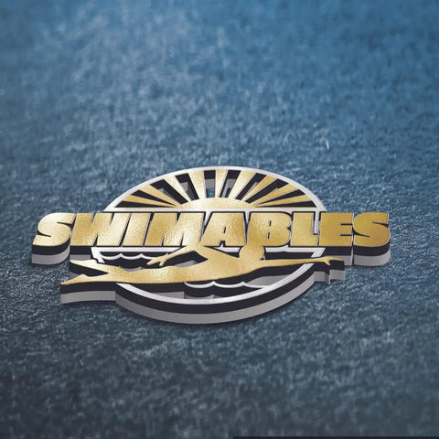 3D metallic 'Swimables' logo with sunburst design on textured blue background
